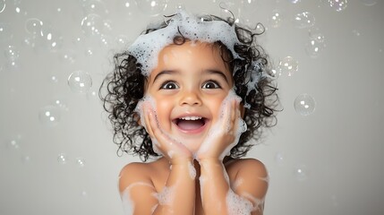 Wall Mural - araffe kid with curly hair and a big smile in a bubble bath