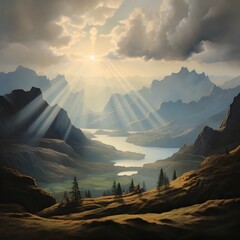 Wall Mural - painting of a mountain scene with a lake and sunbeams