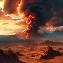 Canvas Print - arafed volcano eruptied from a desert landscape with a mountain in the background