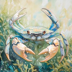 Sticker - painting of a crab with two claws on a rock in the ocean