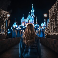 Wall Mural - araffe woman in blue sweater standing in front of a castle at night