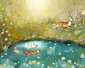 Wall Mural - painting of a deer and two baby deer in a pond