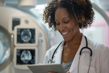 Female Doctor Reviewing Mammogram Results on Tablet in Brightly Lit Modern Clinic