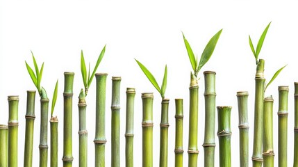 A row of vibrant green bamboo stalks with fresh leaves against a bright white background, symbolizing growth and tranquility.