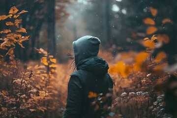 Sticker - Person in hooded jacket standing in misty autumn forest, leaves, trees, nature, reflection