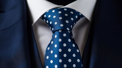 A close-up of a blue polka dot tie paired with a white shirt, neatly knotted and worn with a navy suit, representing professional style and elegant fashion