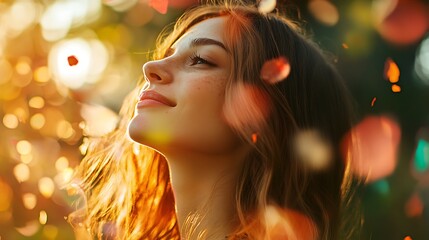 Poster - Portrait of a young woman looking up with soft light and bokeh effect, digital painting