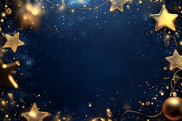 Luxurious festive christmas background with glowing stars, gold accents, and text box for joy