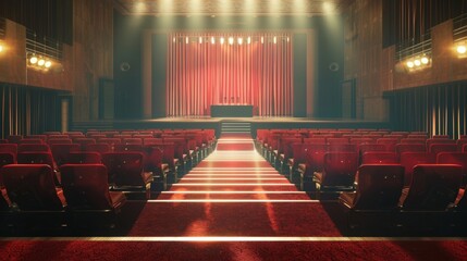 Empty Auditorium with Red Chairs and Stage with Podium in Dramatic Lighting