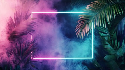 Wall Mural - Neon Glow Frame with Tropical Leaves and Smoke