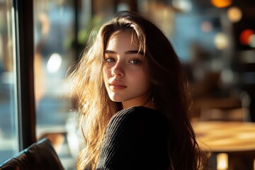 A young woman with flowing hair gazes thoughtfully out of a window, illuminated by soft, warm light in a cozy cafe setting.