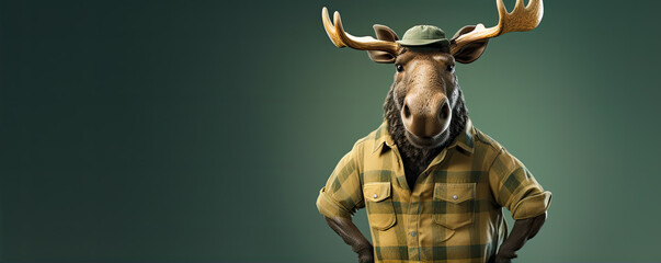 Moose in gardener suit. Man with moose head against color background.