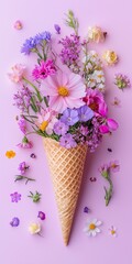 Wall Mural - beautiful arrangement of spring flowers in a cone isolated on pastel background