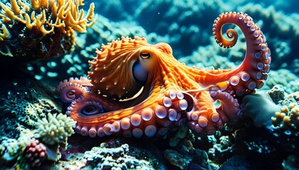 Colorful Octopus Blending in with Lush Underwater Coral Reef Life