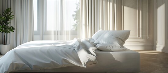 Poster - Hotel bed with fresh sheets and a pillow. Copy space image. Place for adding text and design