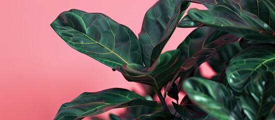 Wall Mural - The leaves are stunning dark green and have a natural sheen against a pink background. Copy space image. Place for adding text and design