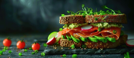 Poster - Sandwich featuring avocado and salmon on a dark backdrop with green onions and gluten free grain bread along with radishes and tomatoes cottage cheese copyspace sandwich for takeout healthy fast food