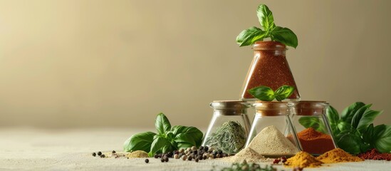 Wall Mural - Spices in glass containers on a light colored background in the kitchen Basil oregano and Italian herbs A pyramid arrangement of spice jars Copy space for your text