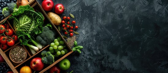 Wall Mural - Healthy organic food from farmers in a wooden box fruits vegetables seeds superfoods and leafy greens on a black background Concept of clean eating selection. Copy space image