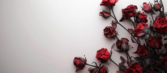 Wall Mural - Memory of love Dried red roses surround blank copy space on a white wall creating a romantic backdrop Indoor