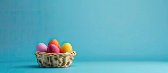 Canvas Print - Easter eggs in bright colors placed in a basket set against a stylish blue background Minimalist concept Card featuring copy space for text