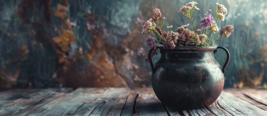 Poster - small metal cauldron with flowers on wood. Copy space image. Place for adding text and design