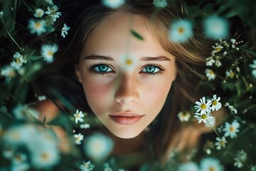 Wall Mural - Close up portrait of a beautiful young woman in a field of wildflowers