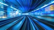 © mattworks - High-speed motion blur of a train in a tunnel, with a futuristic cityscape background. A concept with light trails, blue and orange colors.