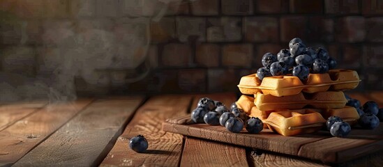 Canvas Print - Belgian waffles topped with blueberries on a wooden table Breakfast item. Copy space image. Place for adding text and design