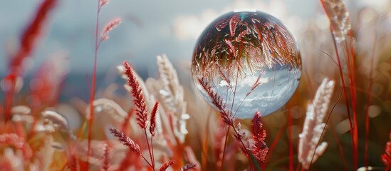 Poster - Crystal ball photography of red grass plants using a lens. Copy space image. Place for adding text and design