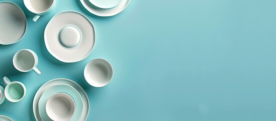 Wall Mural - Top view of a ceramics tableware set positioned on a blue table featuring copy space