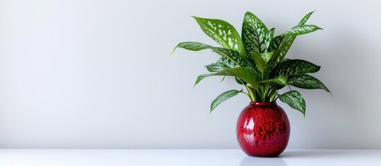 Canvas Print - Aglaonema Maria houseplant cuttings displayed in a red glass vase against a white wall also known as Chinese Evergreen indoor plant. Copy space image. Place for adding text and design