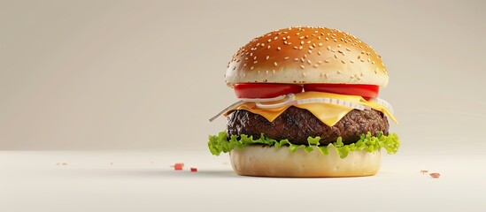 Canvas Print - Burger featuring beef tomato cheese lettuce and onion Close up on a white background. Copy space image. Place for adding text and design