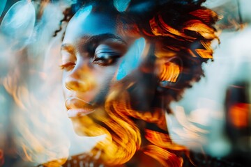 Canvas Print - Abstract portrait of a woman with colorful and blurry effects.  Unique art style with warm and cool tones