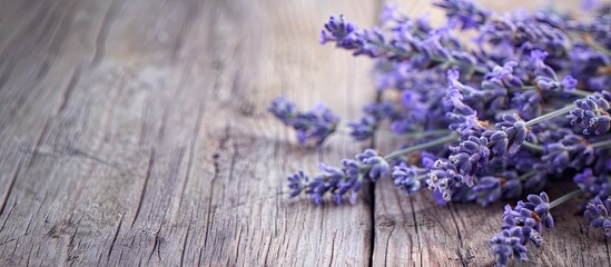 Poster - Closeup of lavender on a rustic wooden table with a background that has copy space