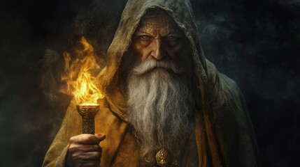 Canvas Print - An Elderly Man With A Long White Beard Holding A Flaming Torch