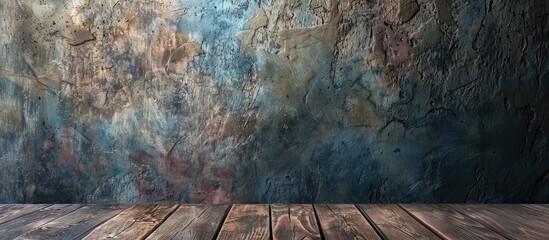 Sticker - wooden table against a grunge wall background. Copy space image. Place for adding text and design