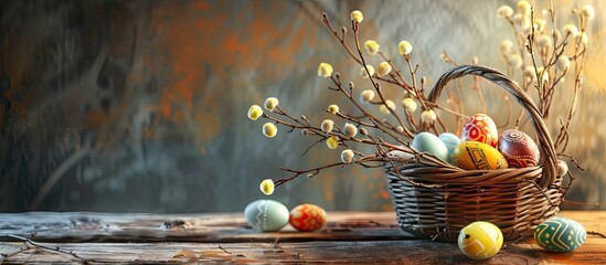 Canvas Print - Easter basket vibrant Easter eggs and pussy willow branches on a wooden surface. Copy space image. Place for adding text and design