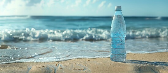 Poster - Plastic bottle filled with fresh water on damp sand by the sea Area for text. Copy space image. Place for adding text and design