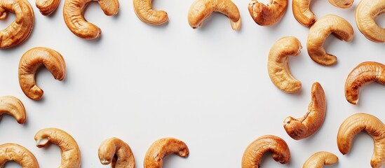 Canvas Print - Roasted cashew nuts set against a white background The image is slightly blurred with selective focus and copy space