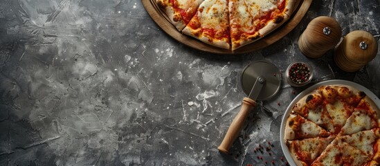 Canvas Print - Mozzarella pizza viewed from above featuring a pizza knife and pepper mill on a gray clay background. Copy space image. Place for adding text and design