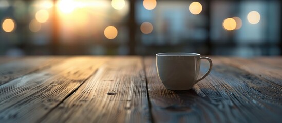 Poster - Empty cup on a wooden table with a blurred background. Copy space image. Place for adding text and design