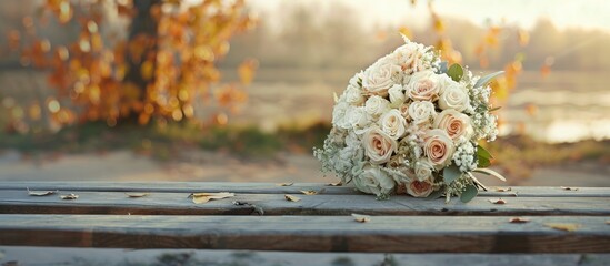 Bride s bouquet resting on the bench. Copy space image. Place for adding text and design