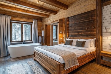 Wall Mural - Luxury Master Bedroom and Bathroom Interior Design with Stylish Wooden Elements