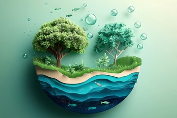 Wall Mural - paper art , ecology and world water day , saving water and world environment day, environmental prot