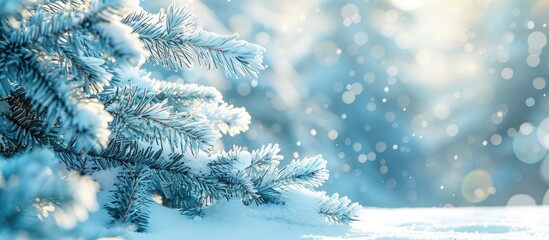 Sticker - Close up photo of a pine tree blanketed in snow during the winter season background. Copy space image. Place for adding text and design