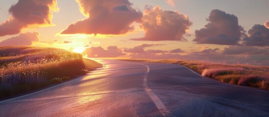 Poster - Asphalt highway an empty winding road with clouds and sky during sunset. Copy space image. Place for adding text and design