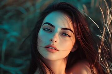 Poster - Close up Portrait of Young Woman with Blue Eyes and Long Brown Hair