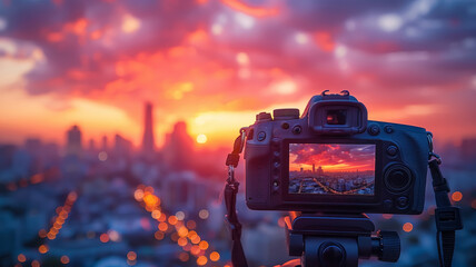 Professional photo camera on outside  windowsill of rooftop capturing beautiful evening of the city