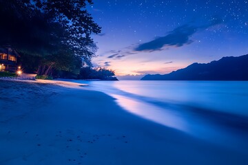 Peaceful Night Beach Scene with Starry Sky and Calm Ocean